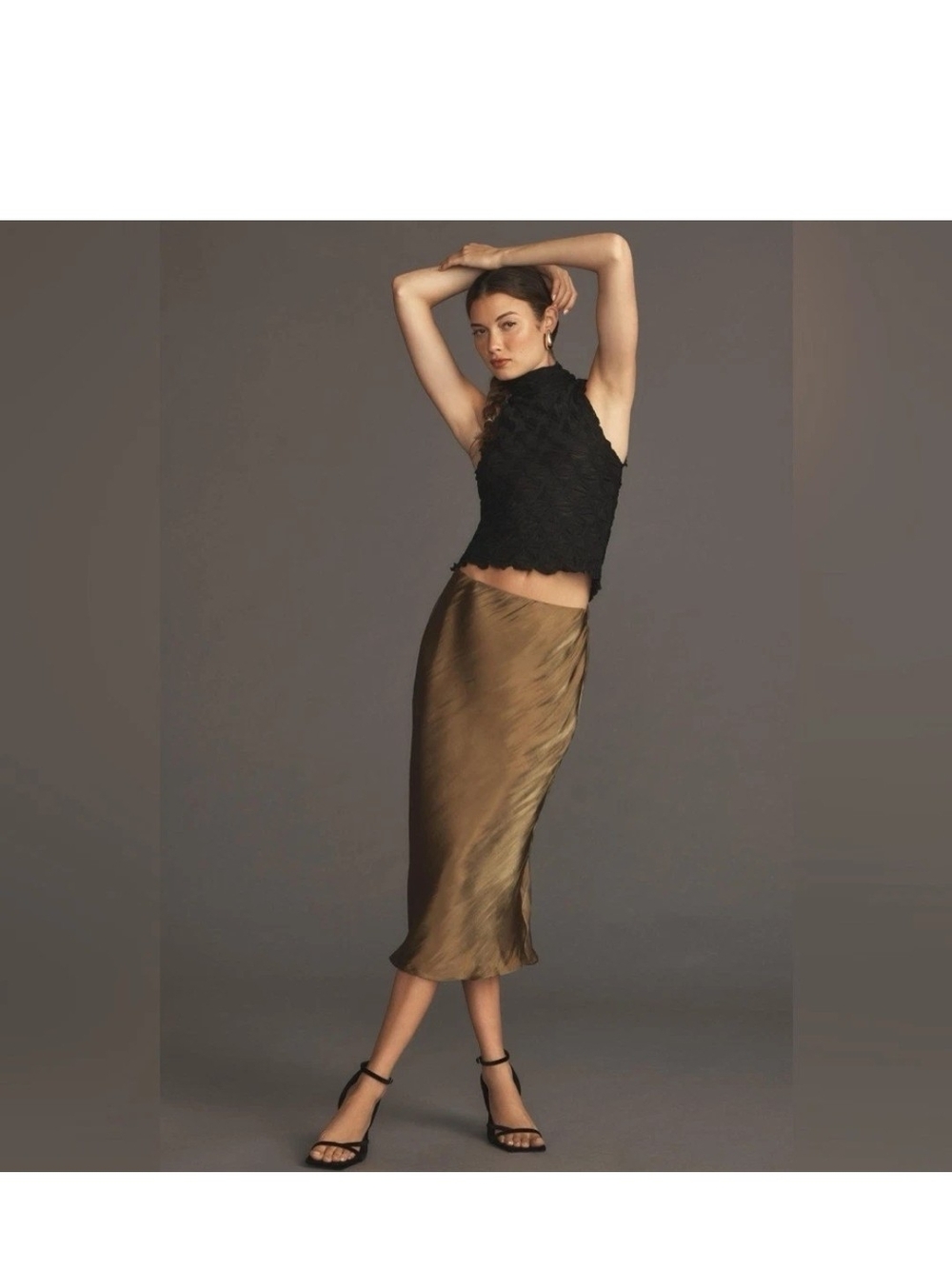Anthropologie Satin Like Midi Slip Skirt XL Metallic Bronze Champagne Bias Cut